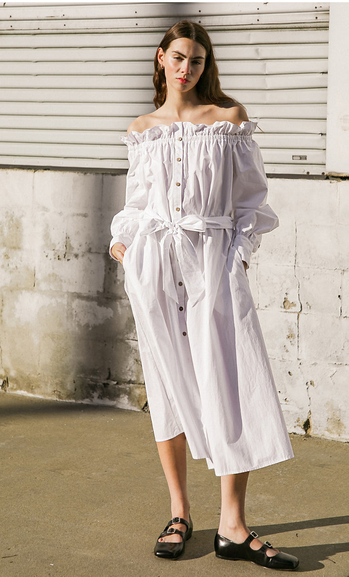 Vestido Blanco Algodon Offshoulder Lux Midi