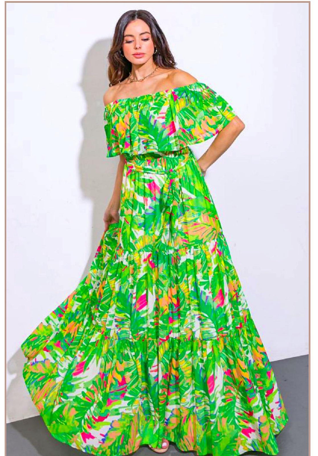 Vestido Verde Estampado Tropical Maxi Off Shoulder (#173)