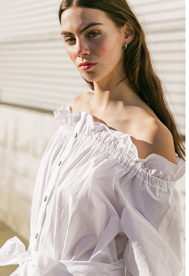 Vestido Blanco Algodon Offshoulder Lux Midi