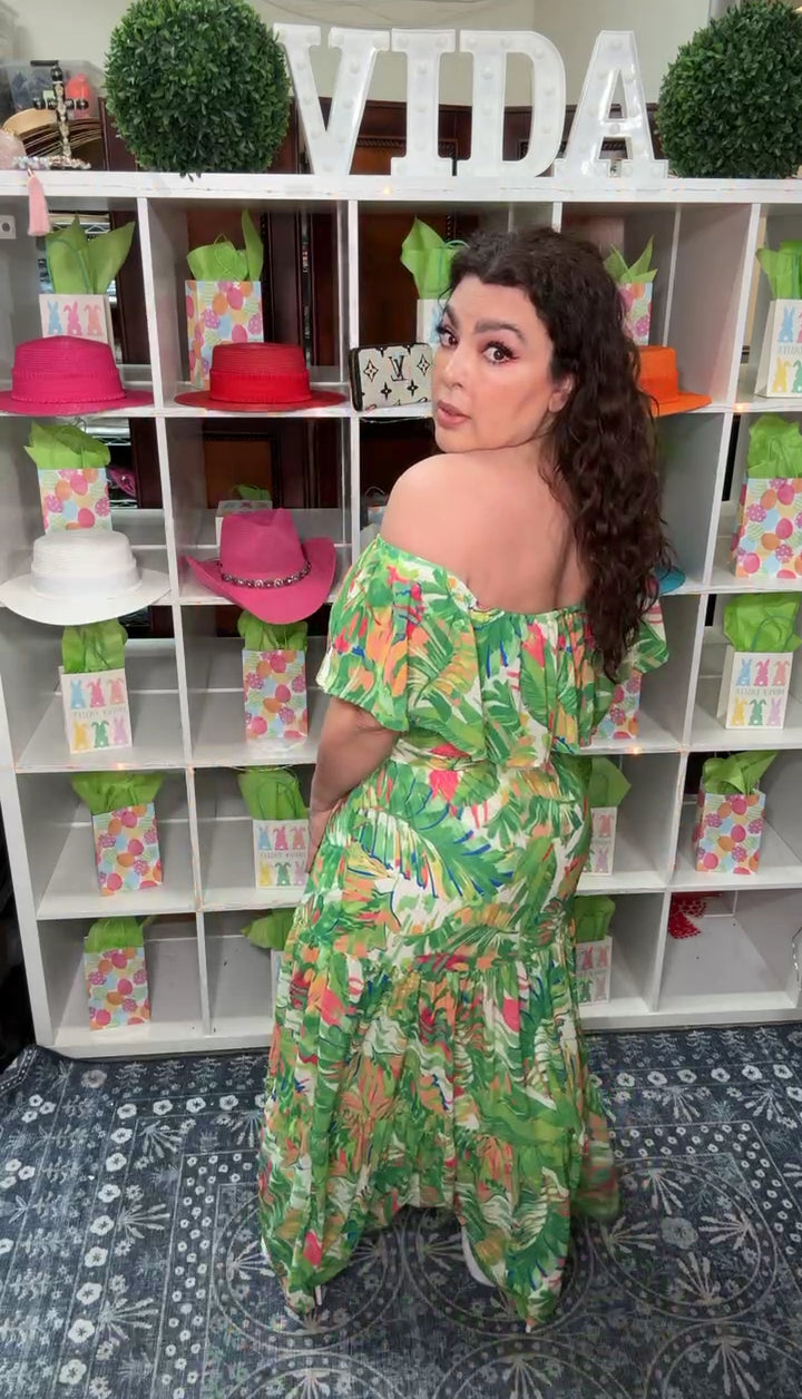 Vestido Verde Estampado Tropical Maxi Off Shoulder (#173)