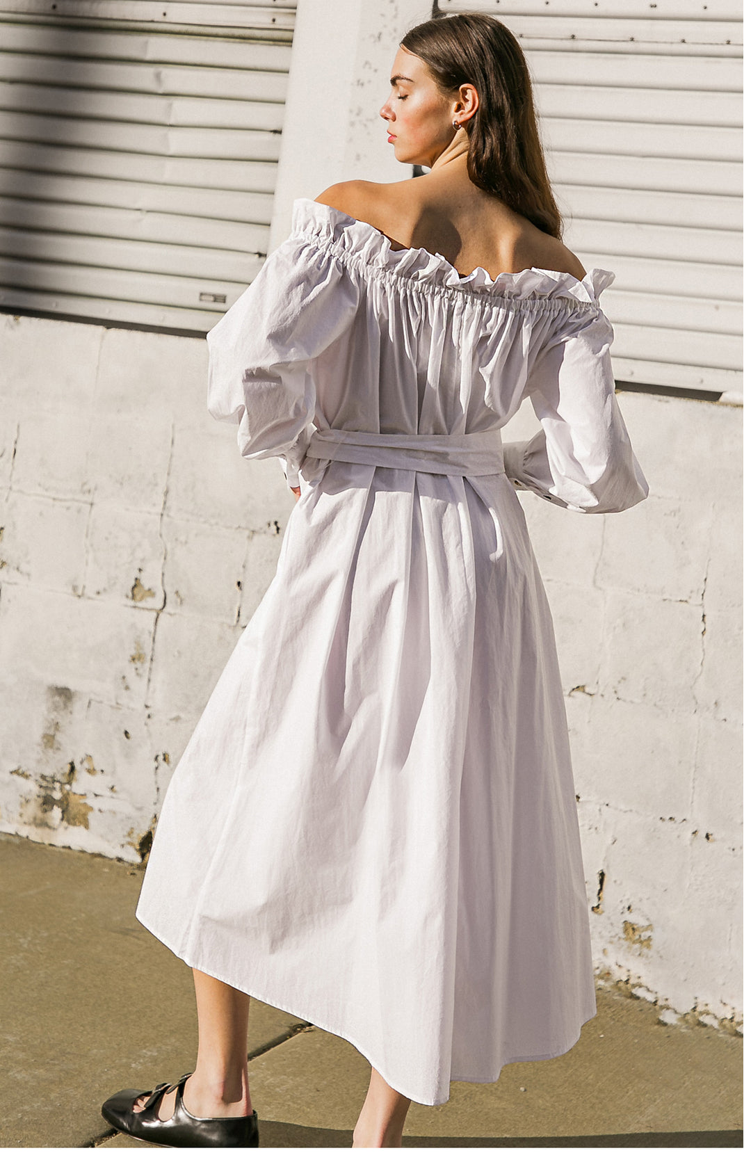 Vestido Blanco Algodon Offshoulder Lux Midi