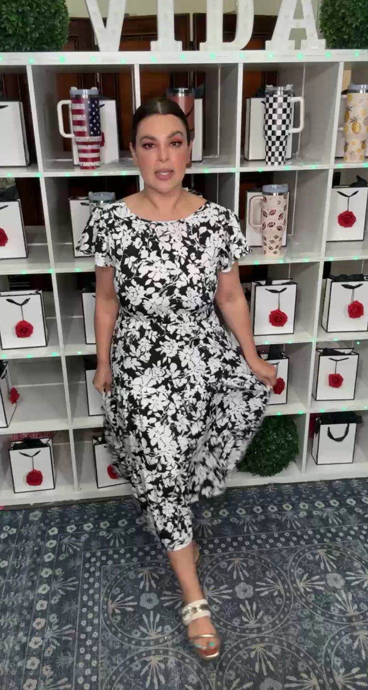 Vestido Blanco y Negro Floral Midi